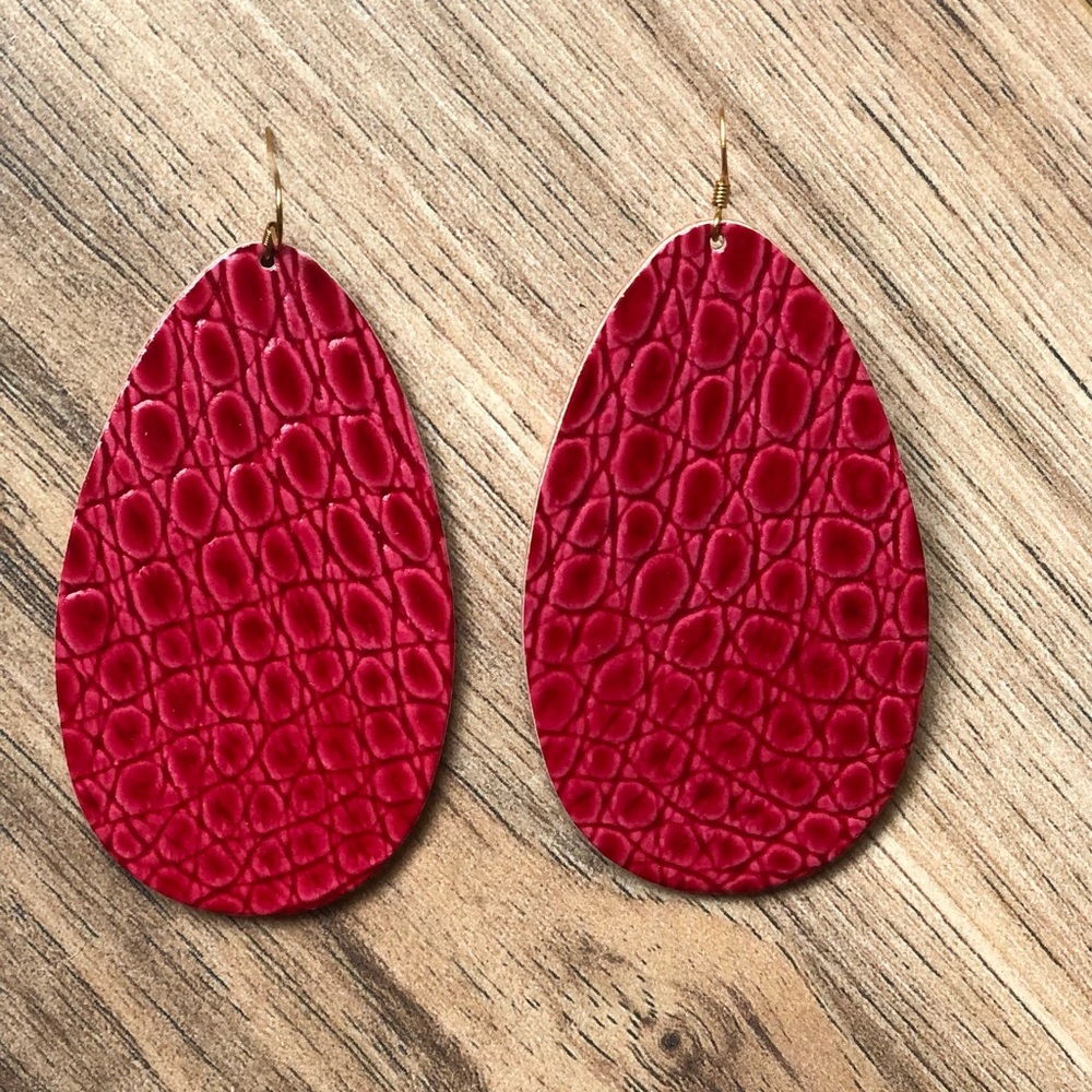 Dark red leather earrings, oversized teardrop shape